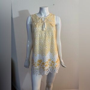 Sleeveless Yellow & White Eyelet Mini Dress with Tassel Tie